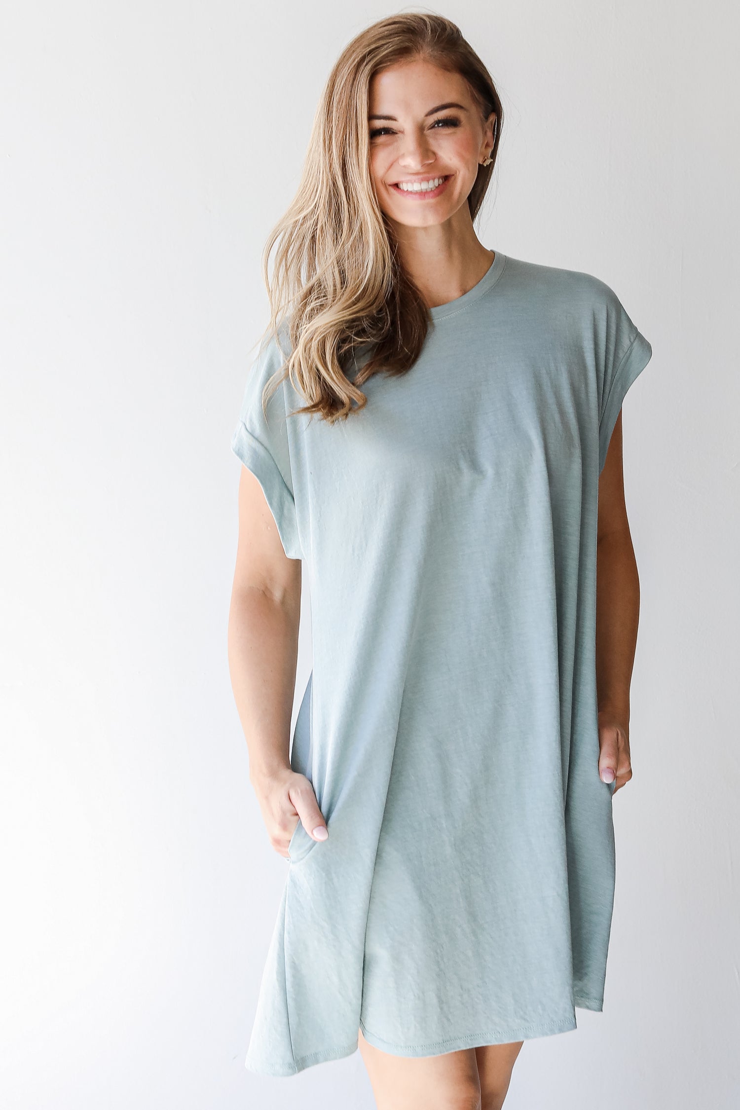 T-Shirt Dress in sage on model
