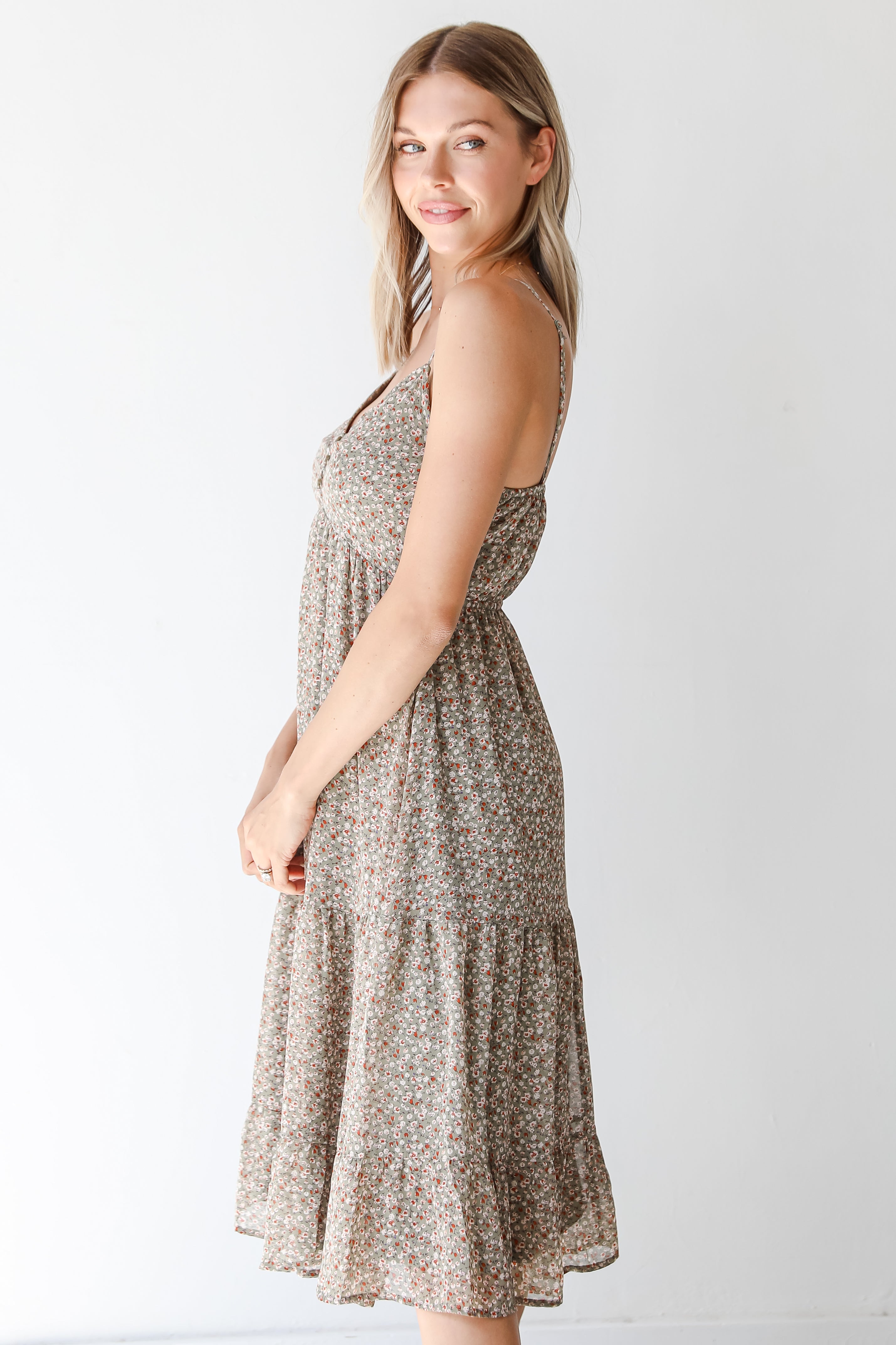 sage green floral midi dress side view