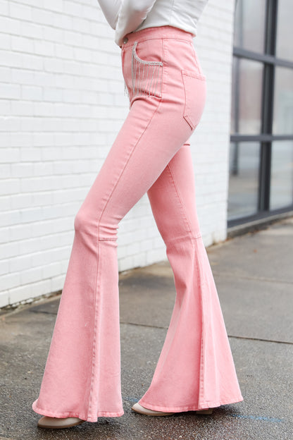 pink Rhinestone Fringe Flare Jeans side view