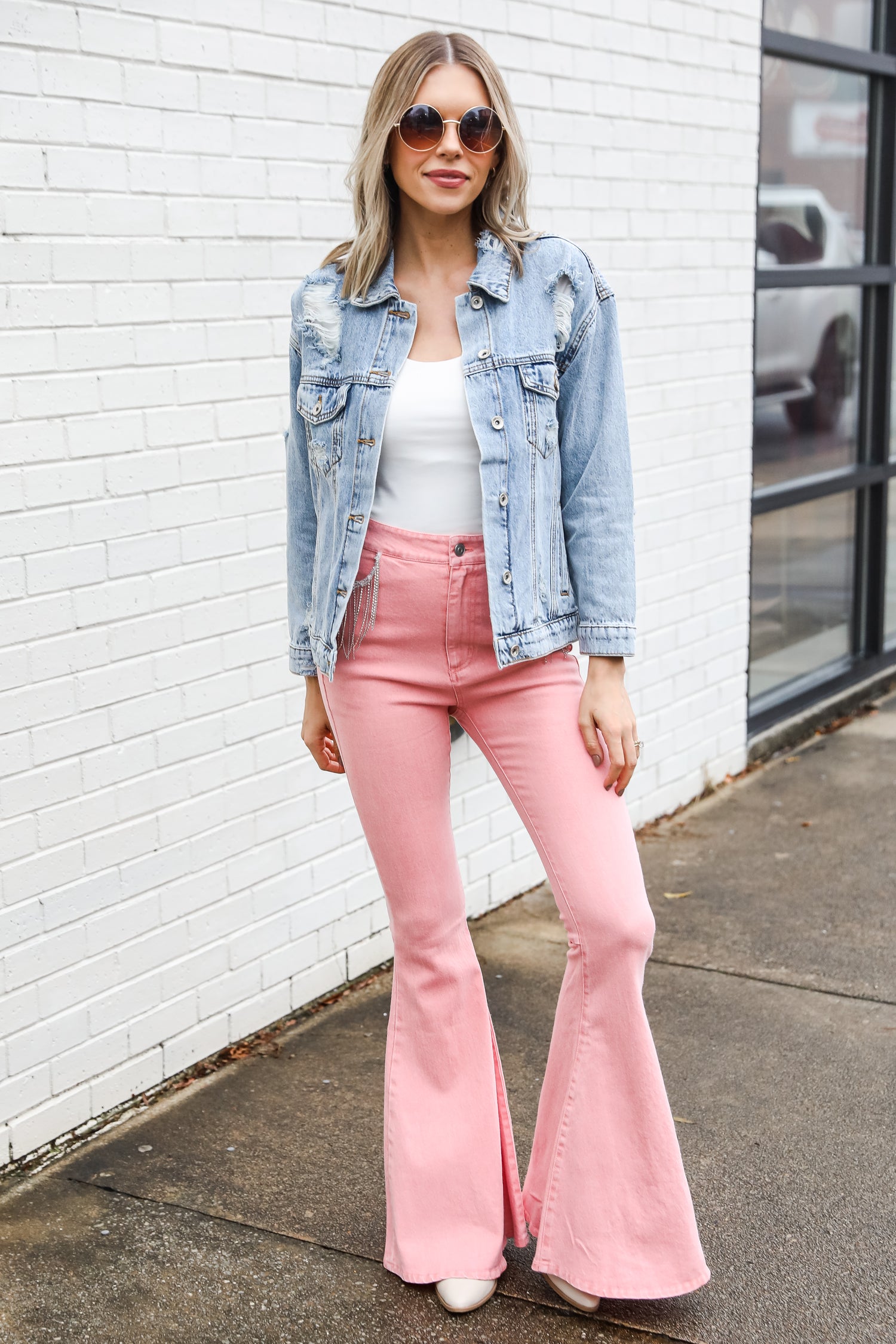pink Rhinestone Fringe Flare Jeans on dress up model