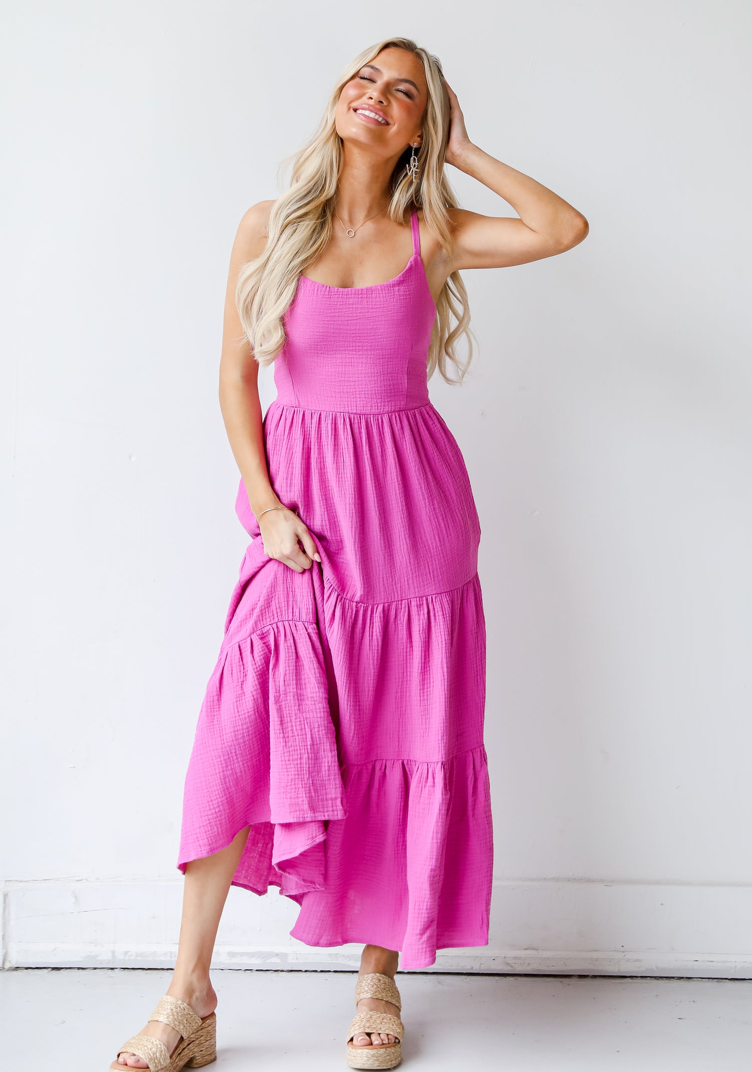 pink Linen Tiered Maxi Dress on model