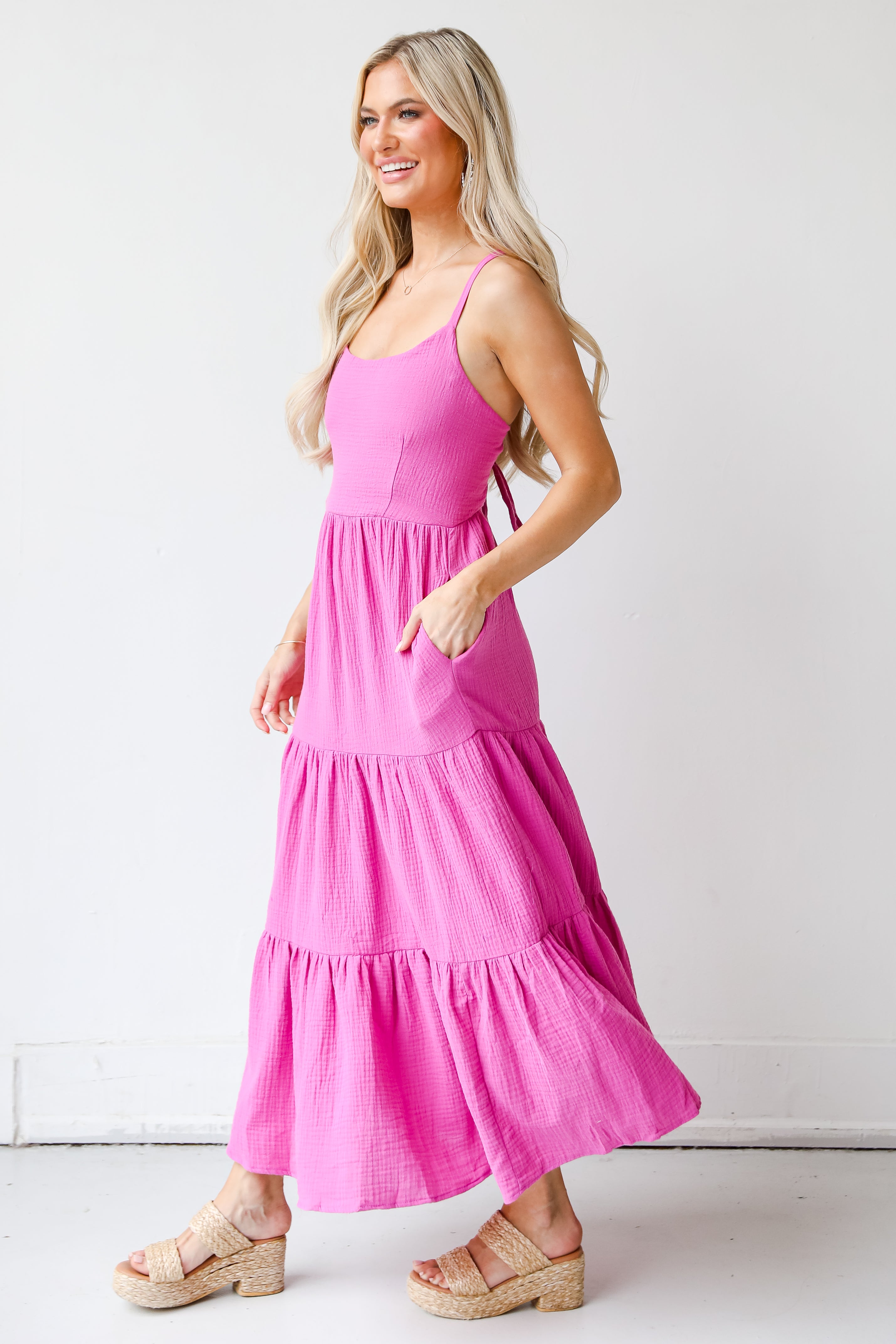 pink Linen Tiered Maxi Dress side view