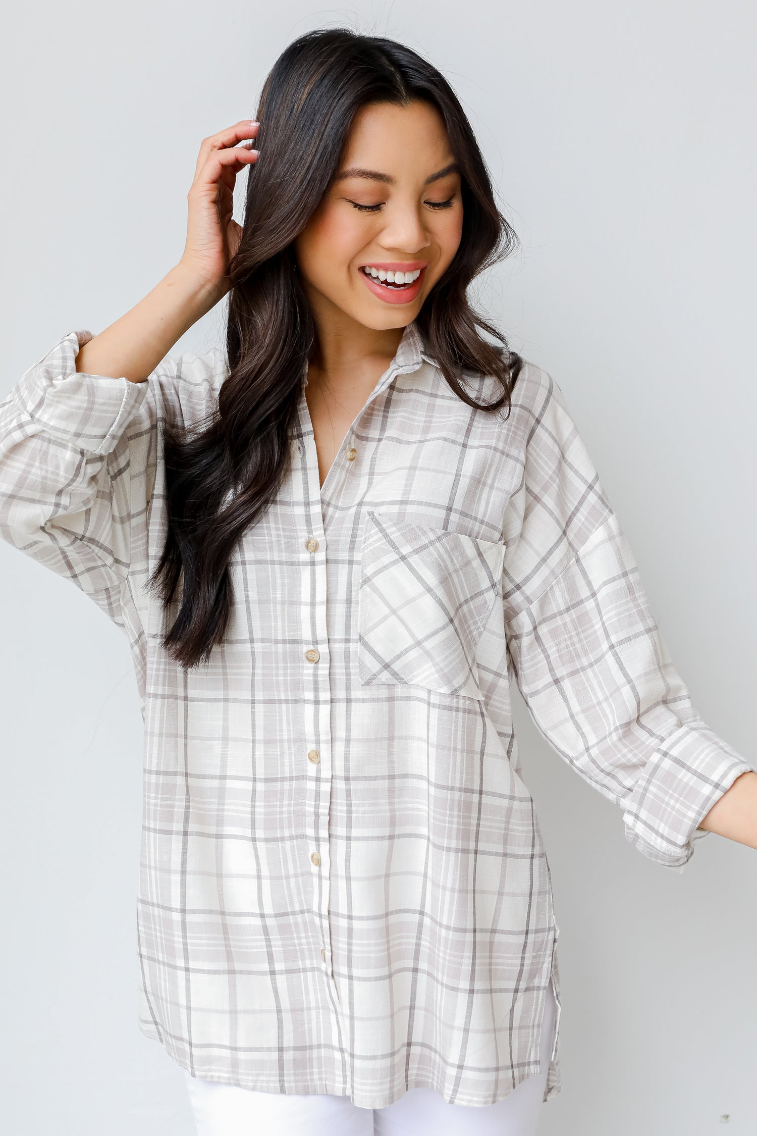 Plaid Button-Up Blouse front view