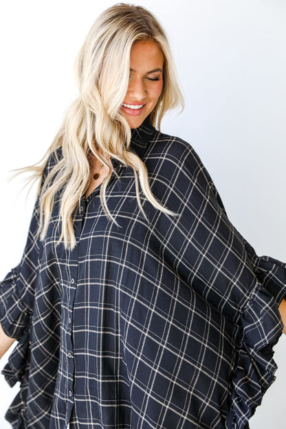 Plaid Oversized Ruffle Blouse on model