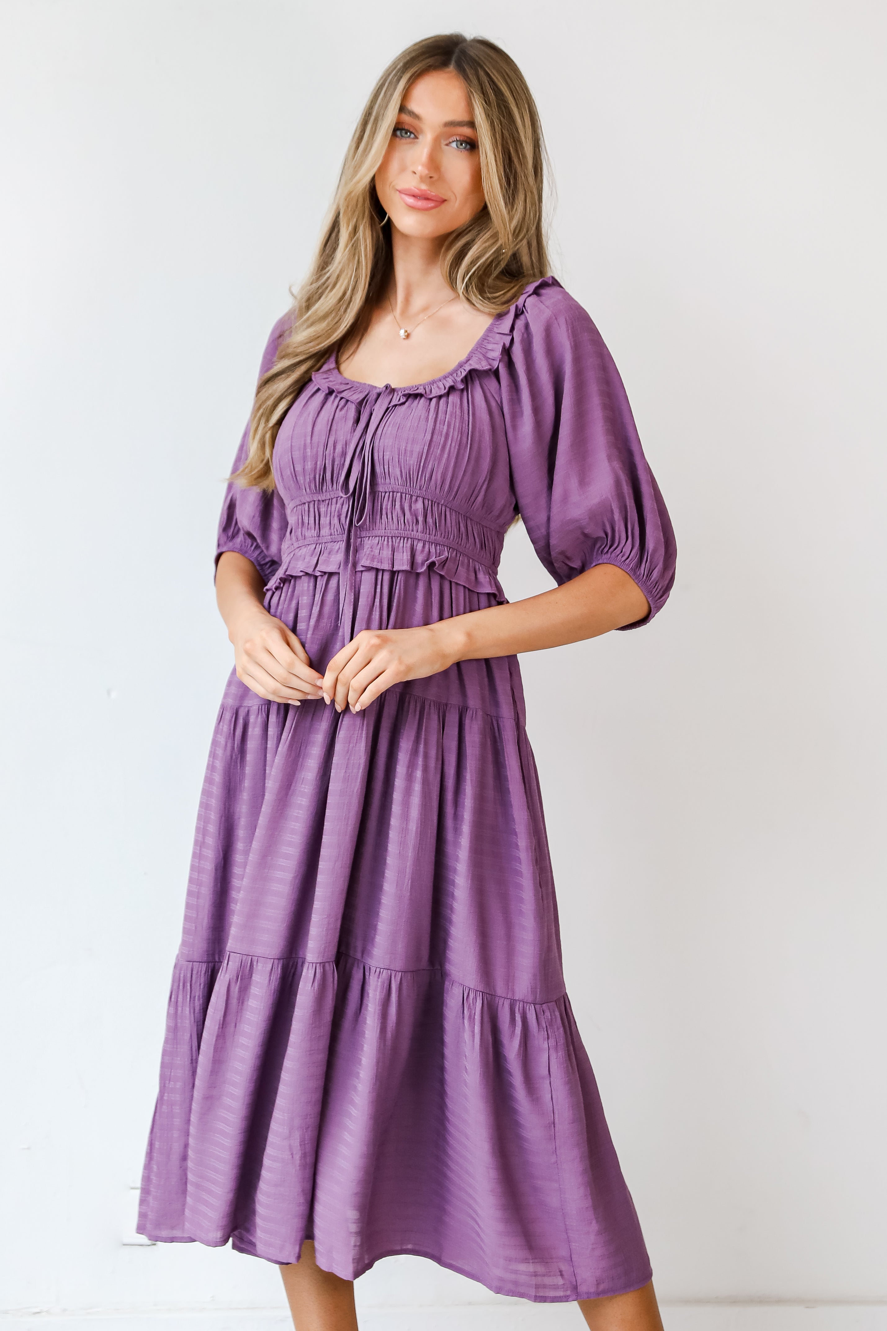 purple Tiered Midi Dress front view