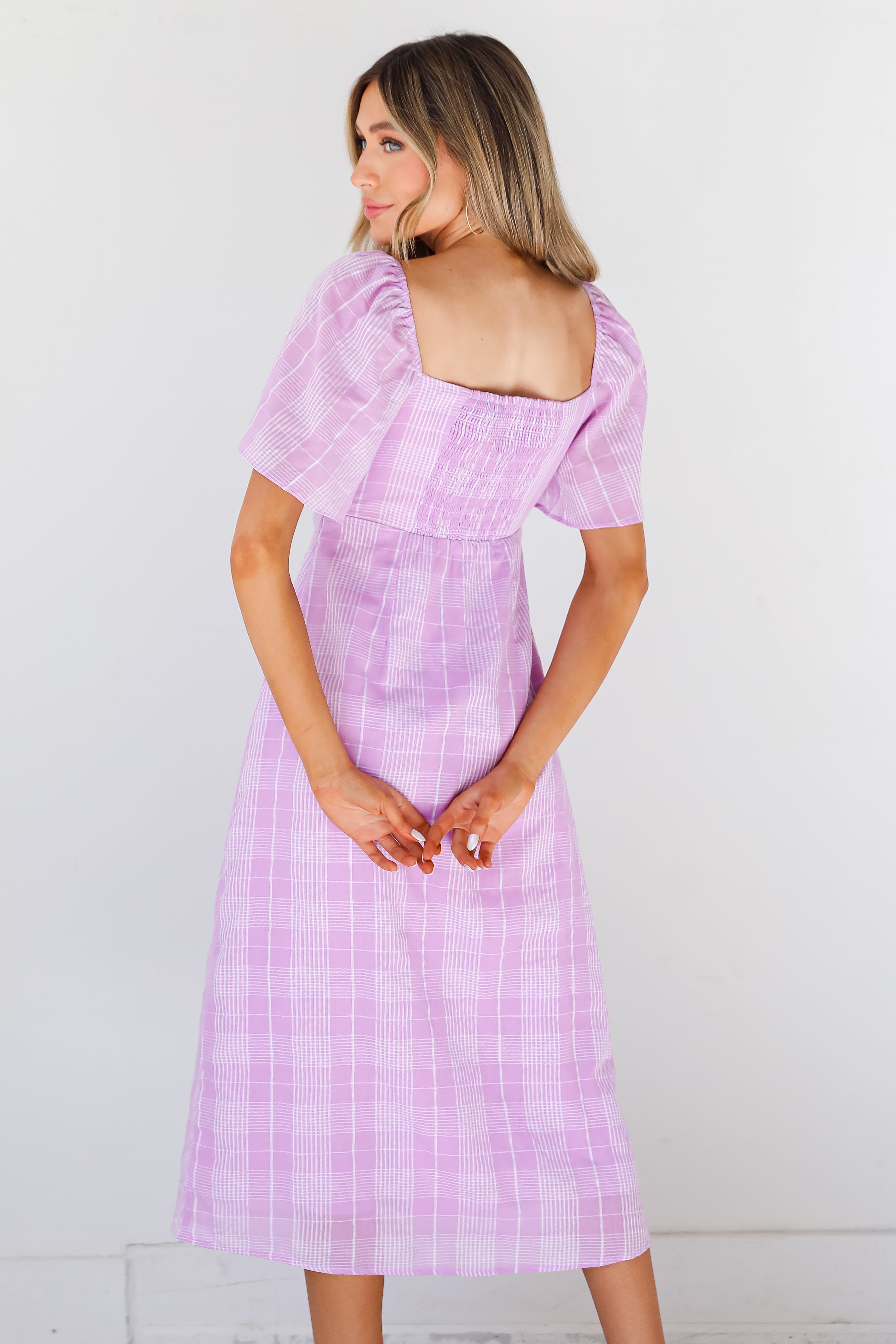 purple Plaid Midi Dress back view