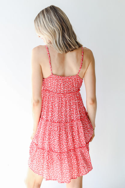 Tiered Floral Mini Dress in red back view