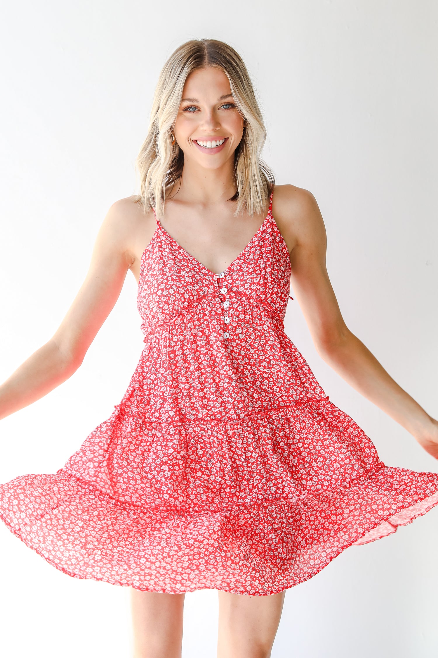 Tiered Floral Mini Dress in red