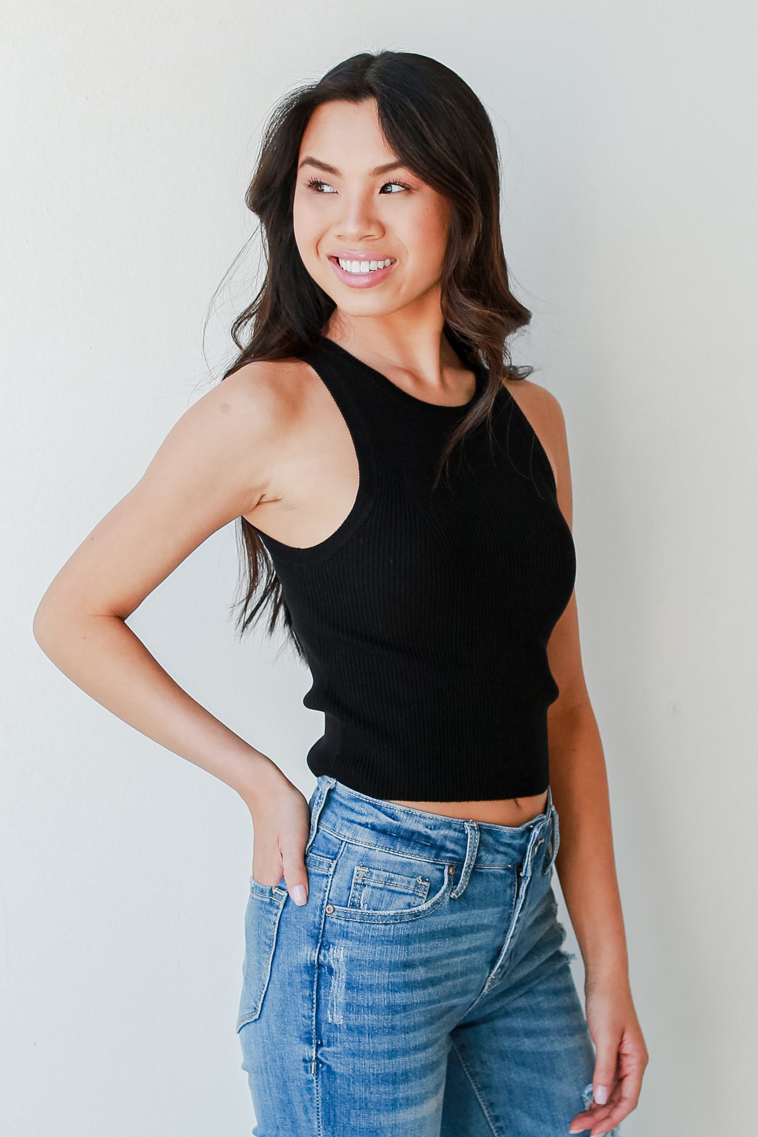 Ribbed Knit Tank in black side view