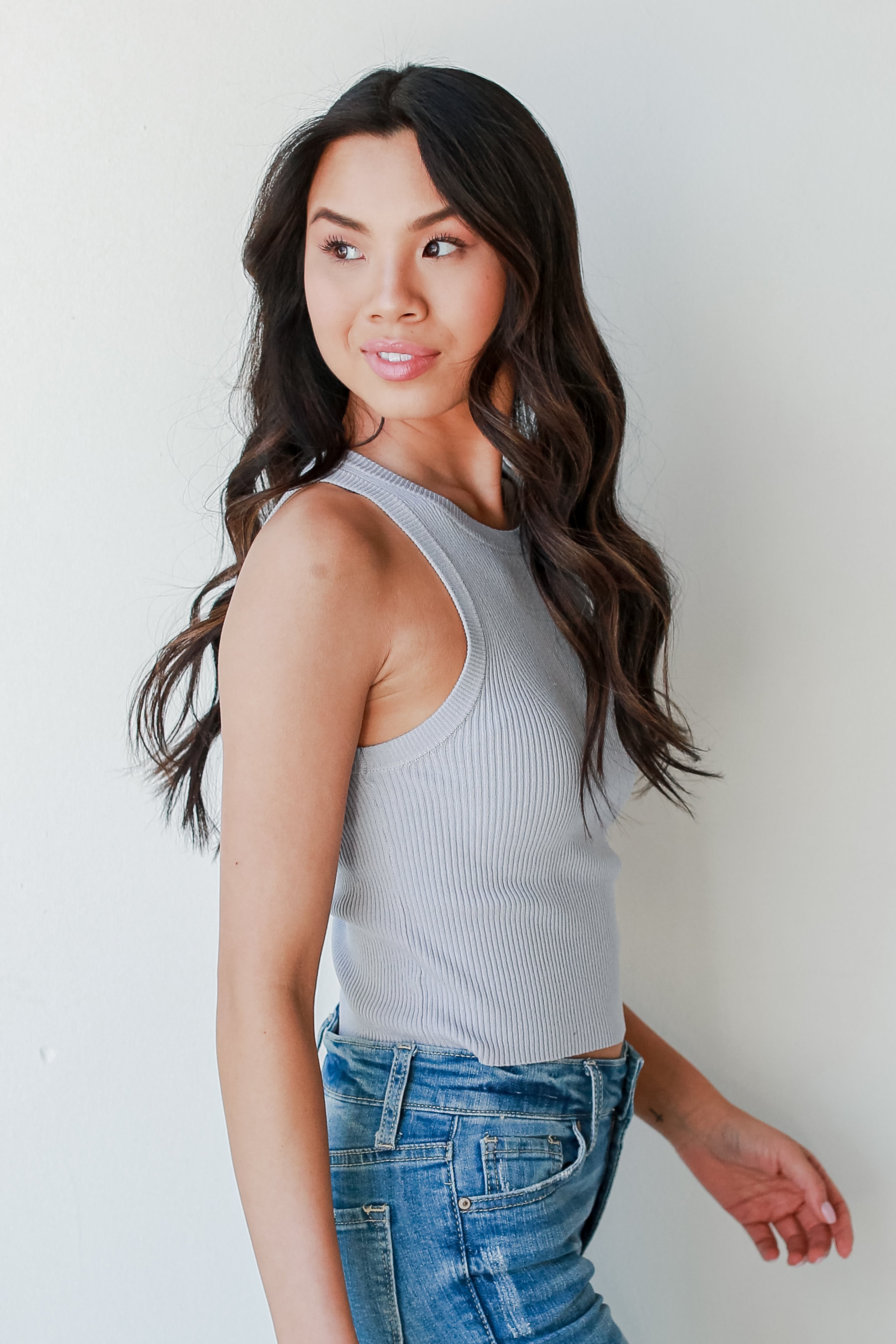 Ribbed Knit Tank in light blue side view