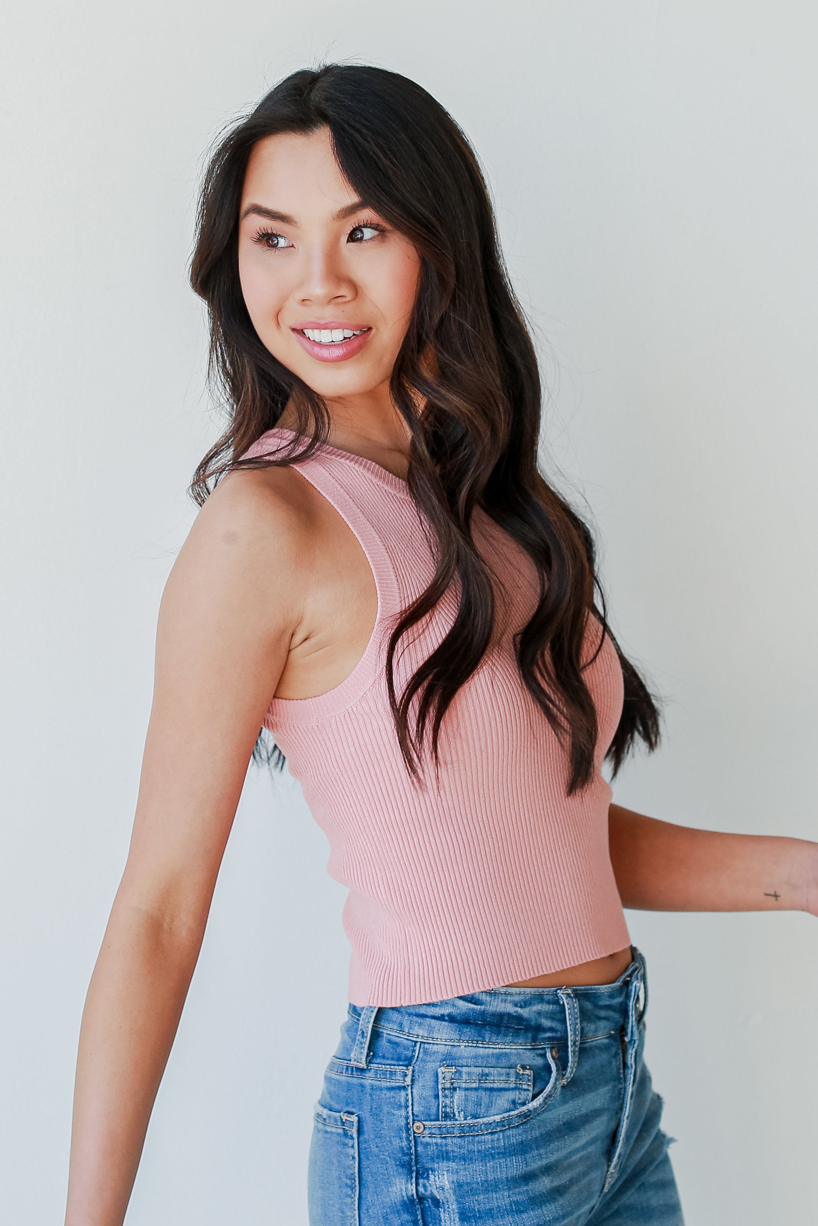 Ribbed Knit Tank in peach side view