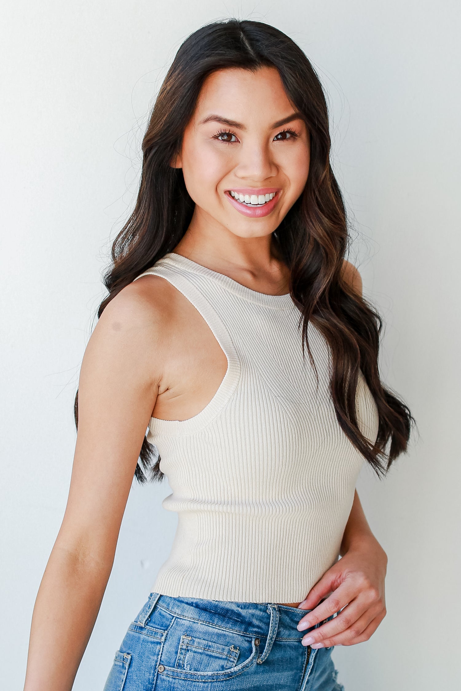 Ribbed Knit Tank in ivory side view