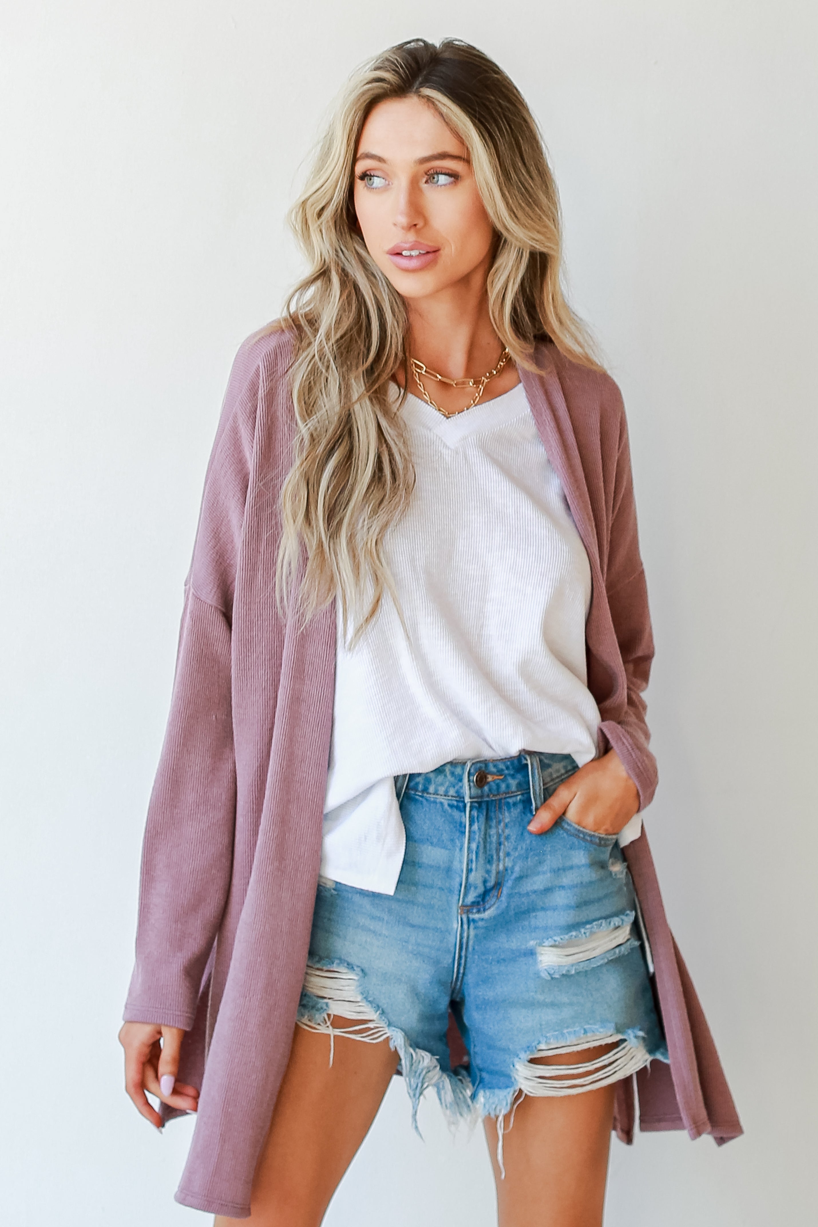 Ribbed Cardigan in mauve front view