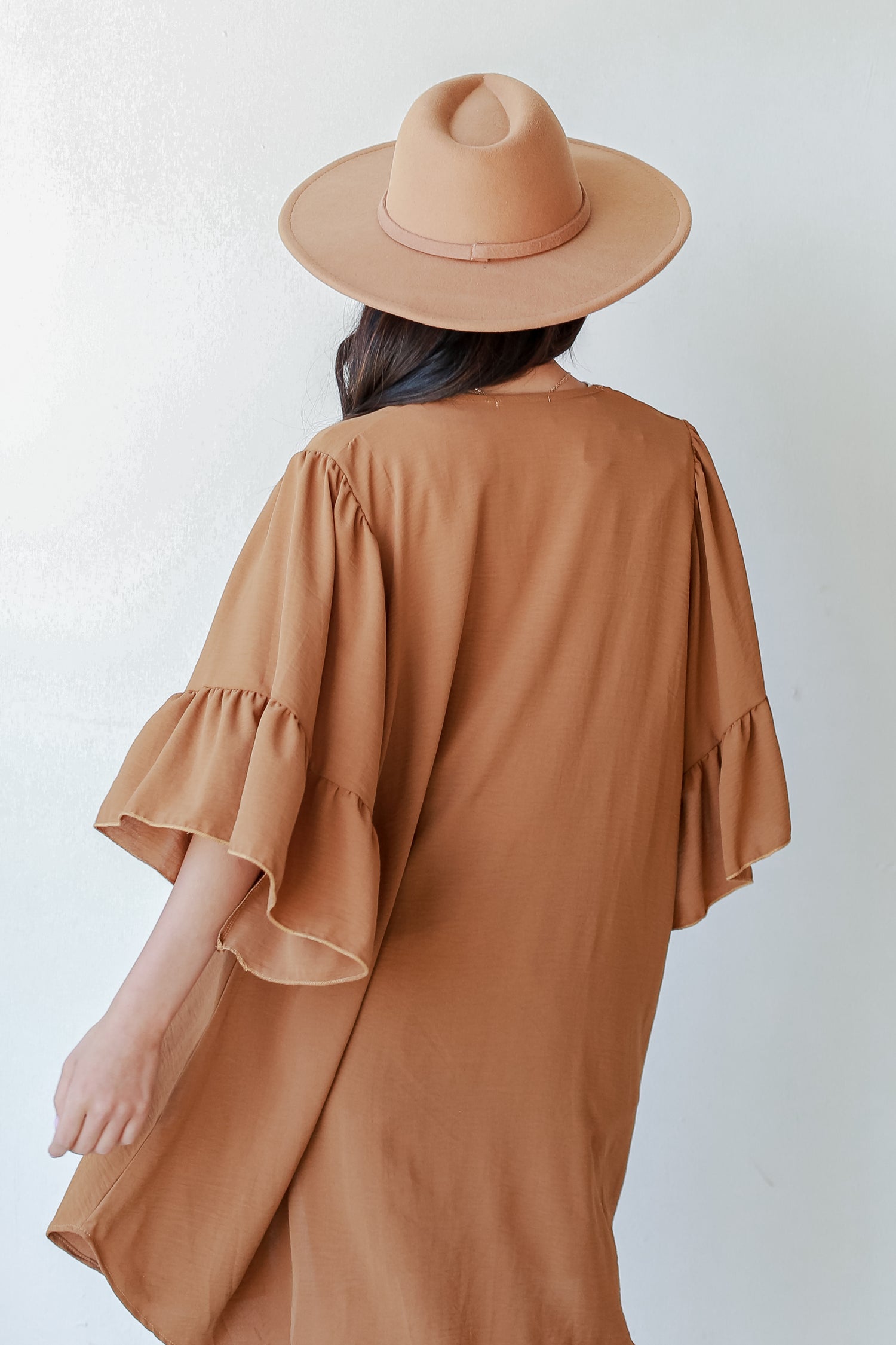 Ruffle Kimono in camel back view