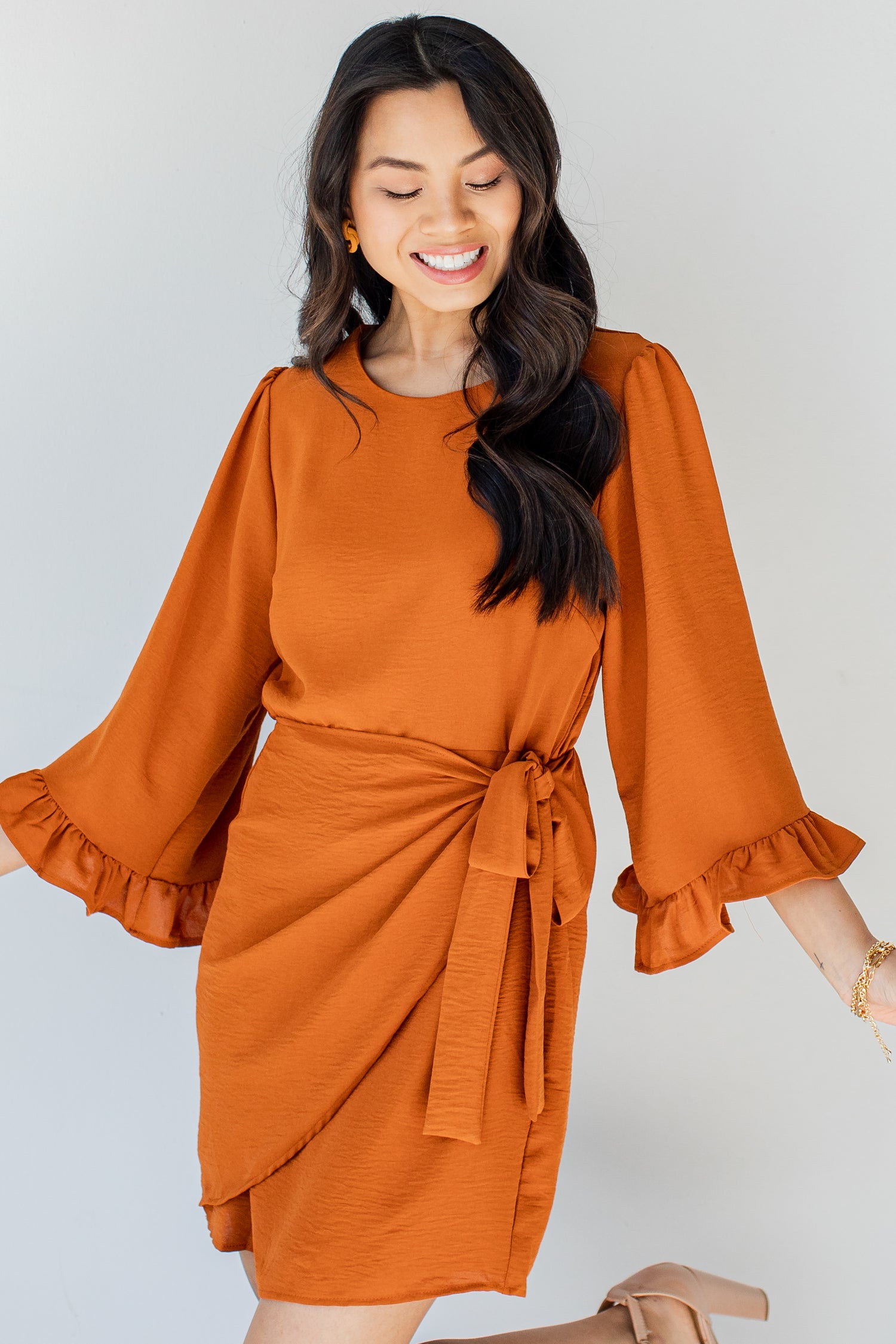 Wrap Dress in rust front view
