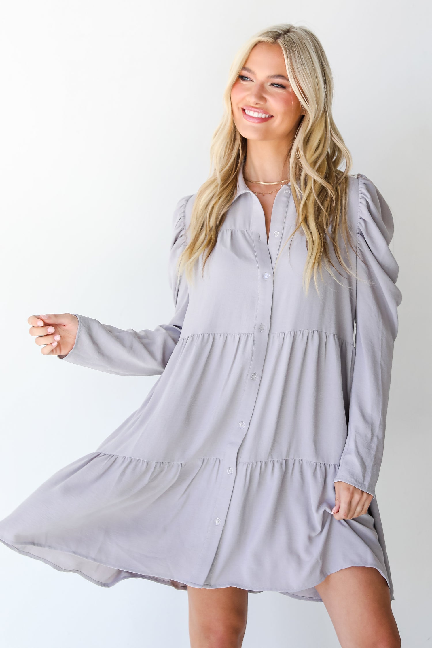 grey Tiered Mini Dress front view