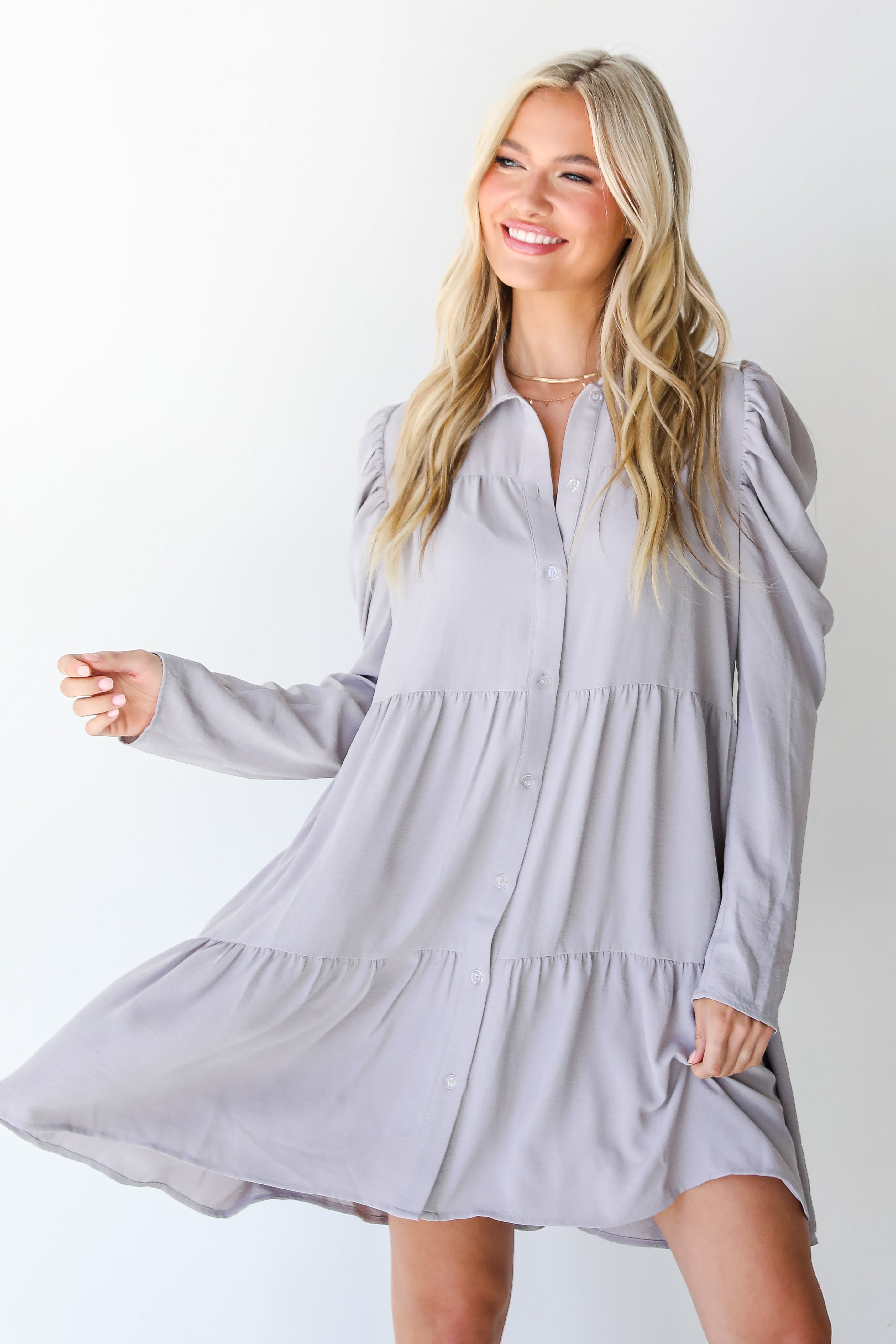 grey Tiered Mini Dress front view