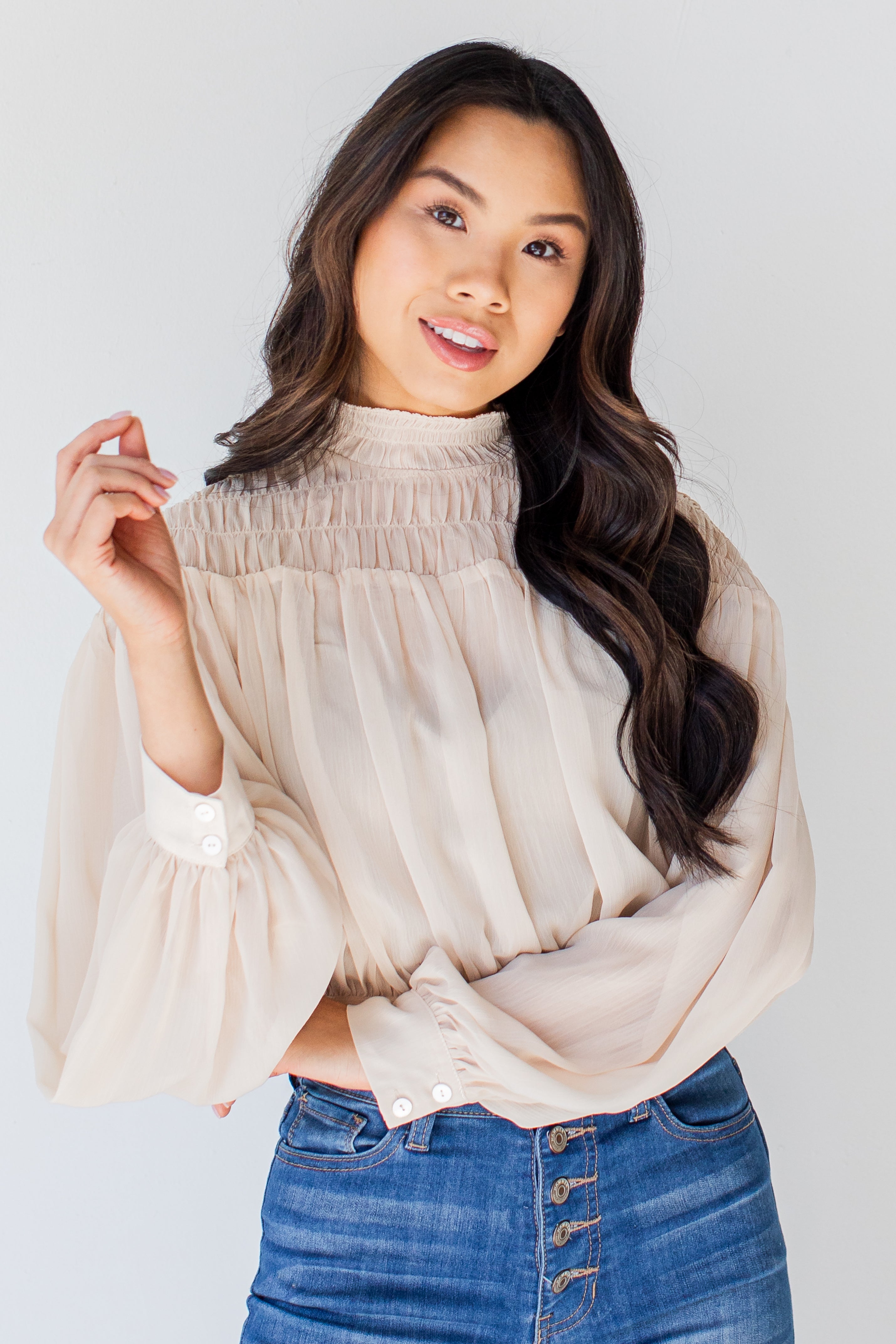 Smocked Blouse in ivory front view