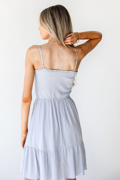 Smocked Mini Dress in light blue back view