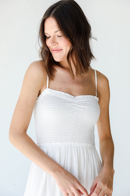 Smocked Mini Dress in white close up