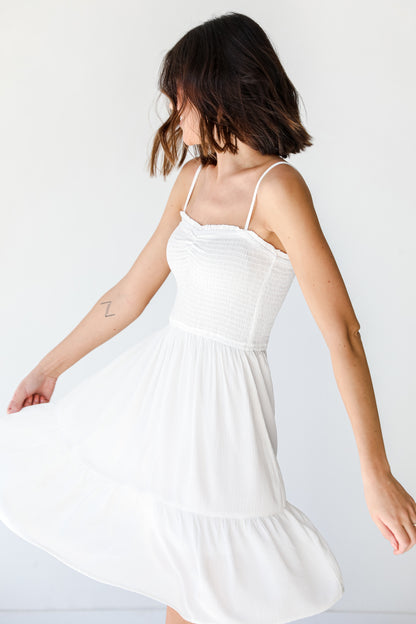 Smocked Mini Dress in white side view