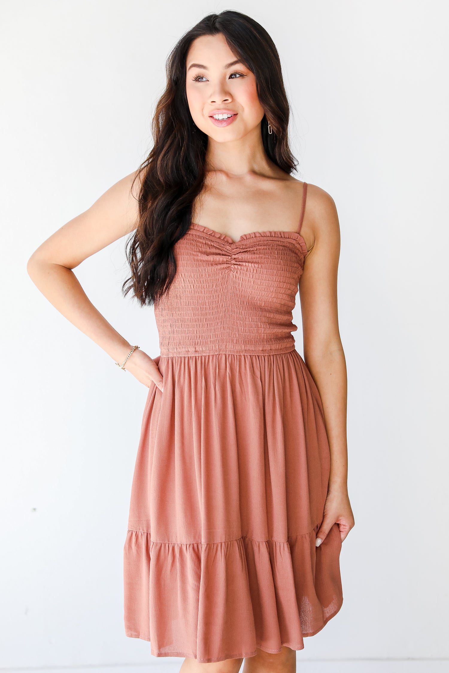 Smocked Mini Dress in clay