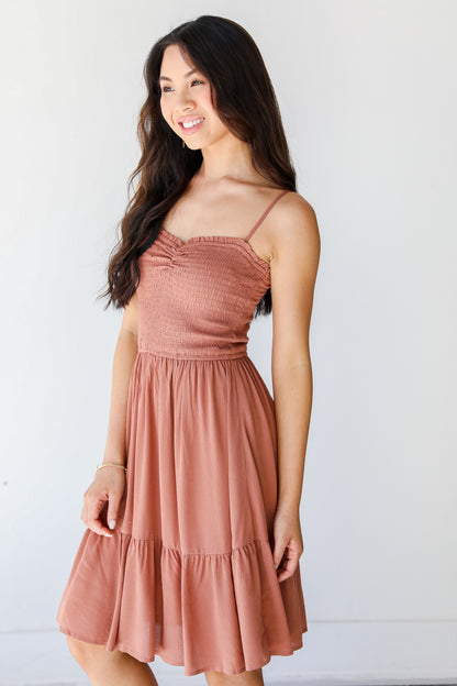 Smocked Mini Dress in clay side view