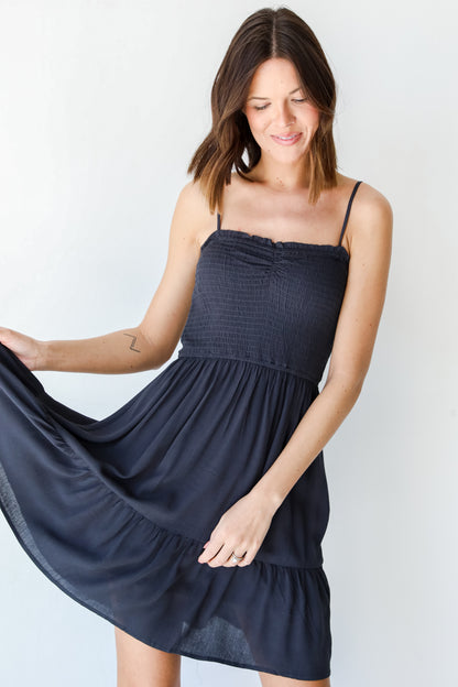 Smocked Mini Dress in charcoal front view