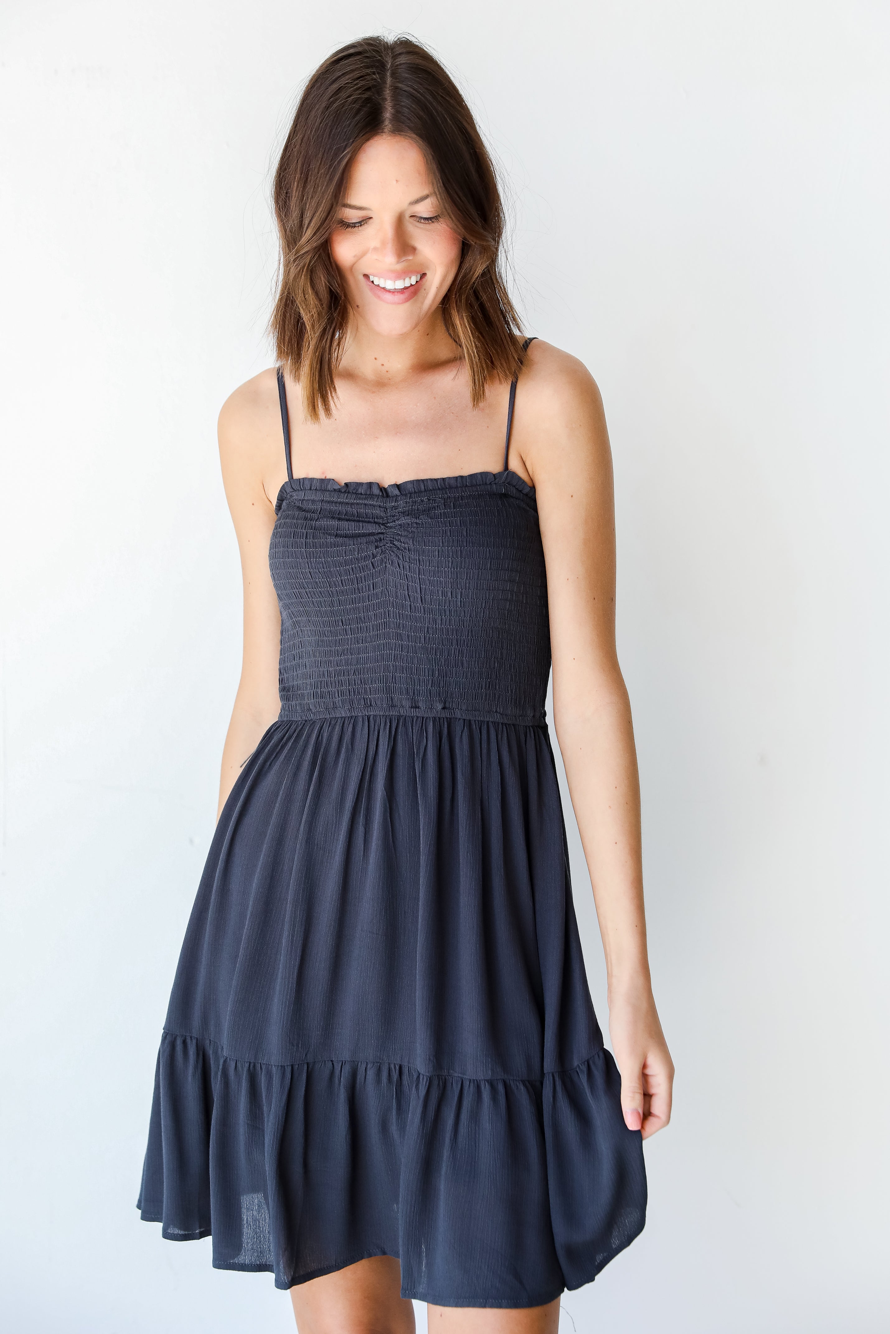 Smocked Mini Dress in charcoal