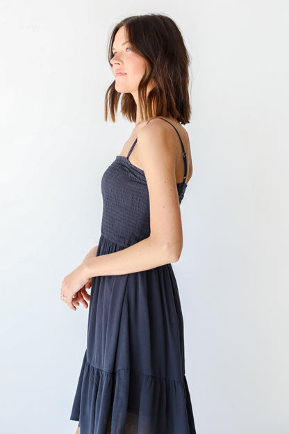 Smocked Mini Dress in charcoal side view