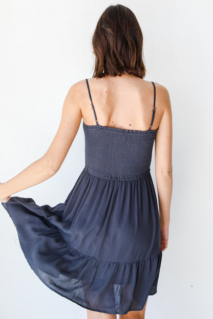 Smocked Mini Dress in charcoal back view