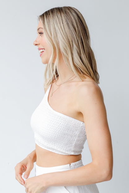 Smocked One-Shoulder Crop Top in white side view