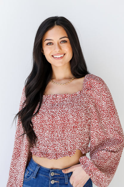 Smocked Cropped Blouse in brick