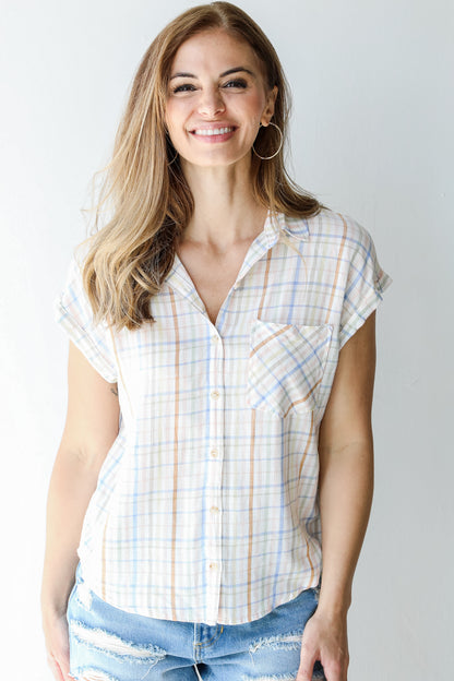 Striped Button-Up Blouse on model