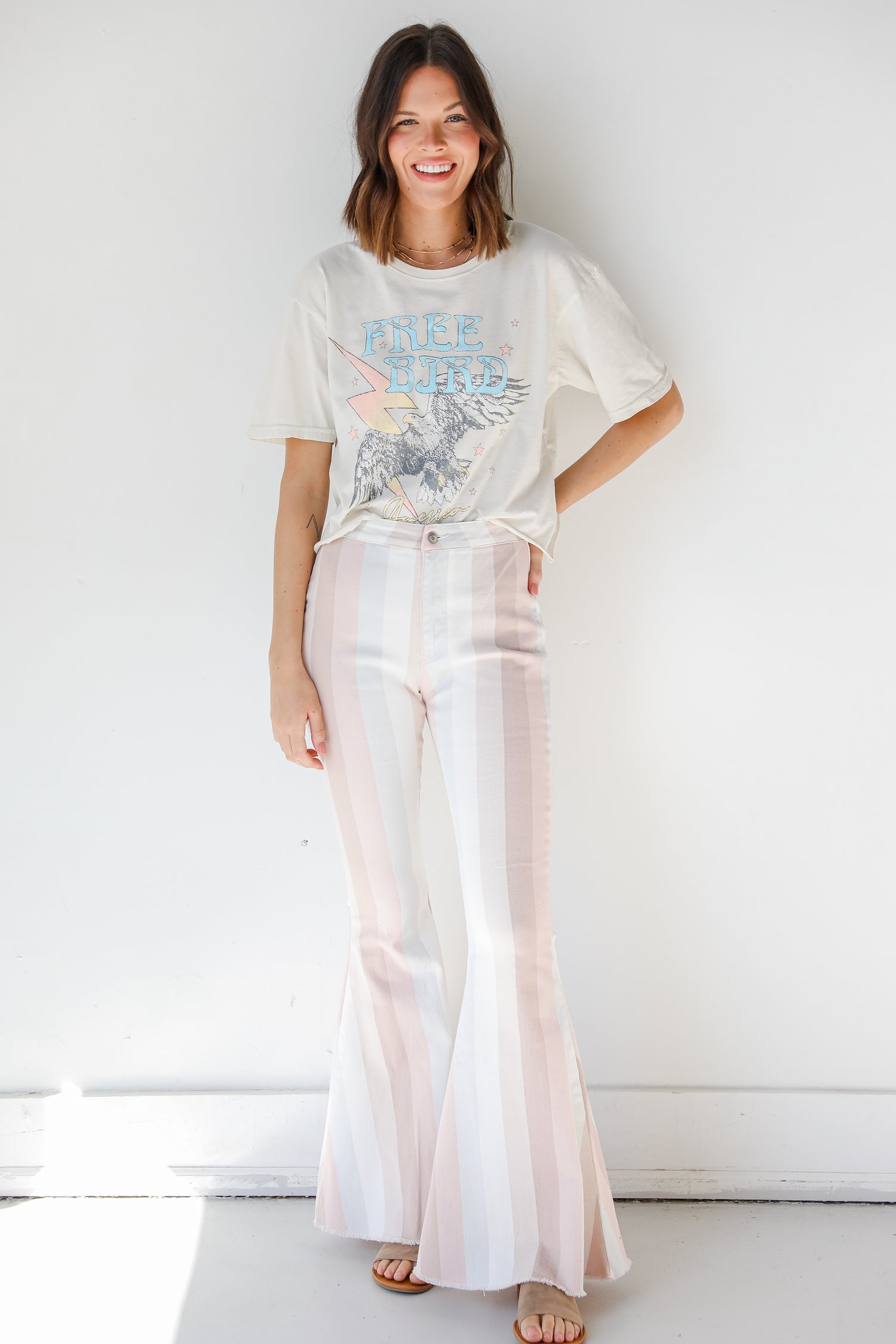 Striped Flare Jeans in blush on model