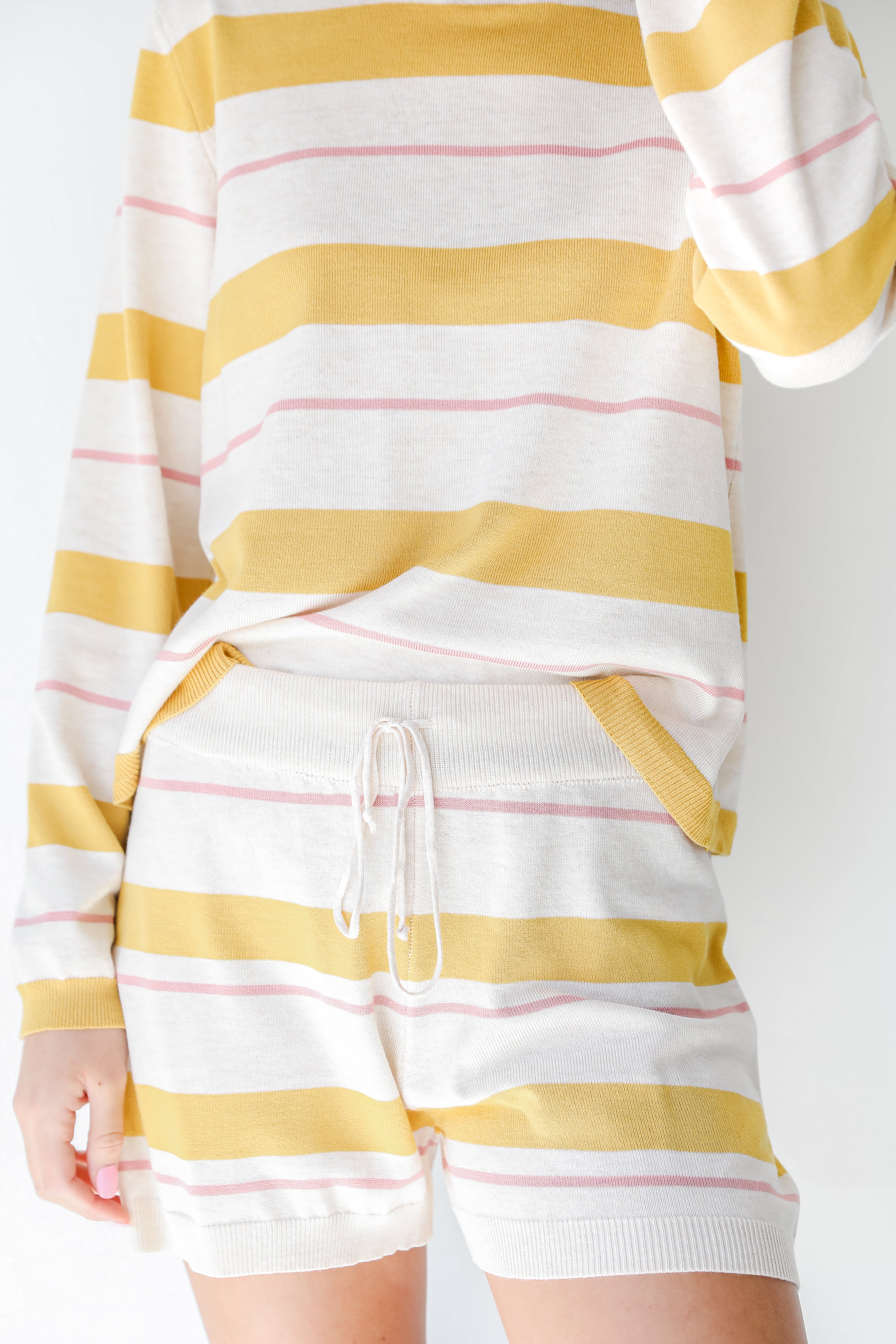 Striped Knit Lounge Shorts in mustard on model
