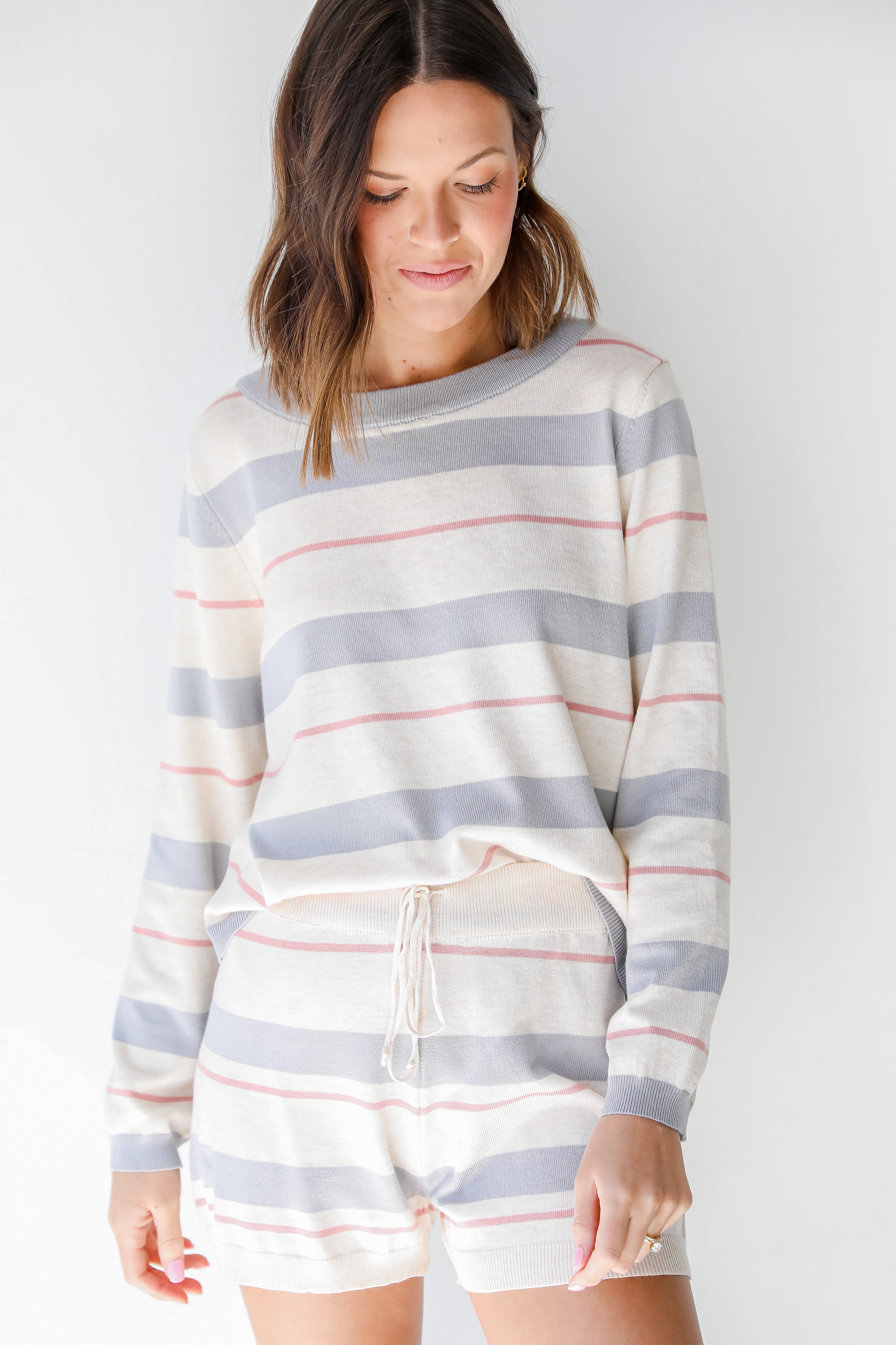 Striped Knit Lounge Shorts in grey on model