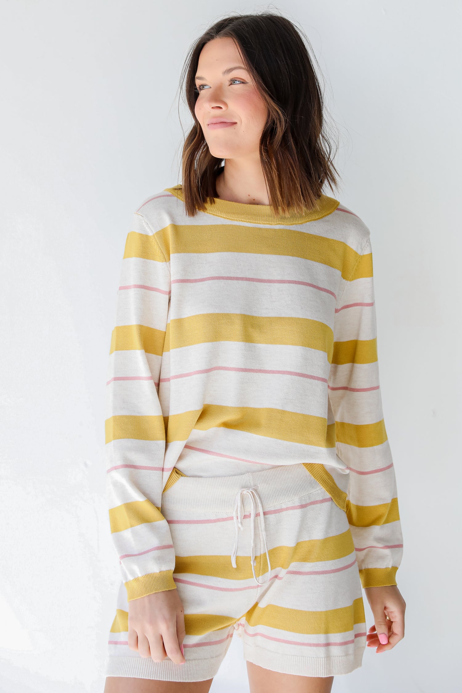 Striped Knit Lounge Shorts in mustard