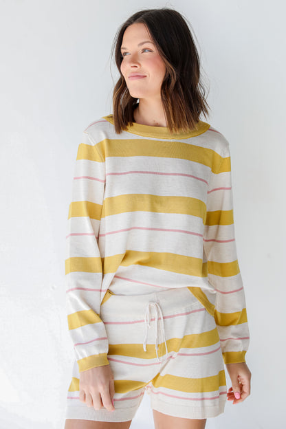 Striped Knit Lounge Shorts in mustard