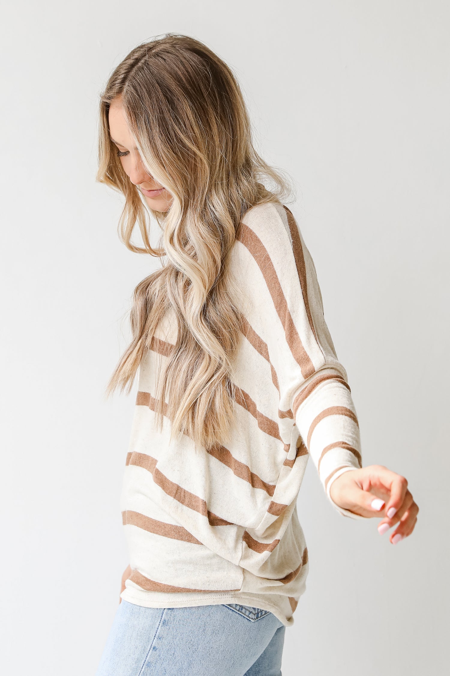 Oversized Striped Top in mocha side view