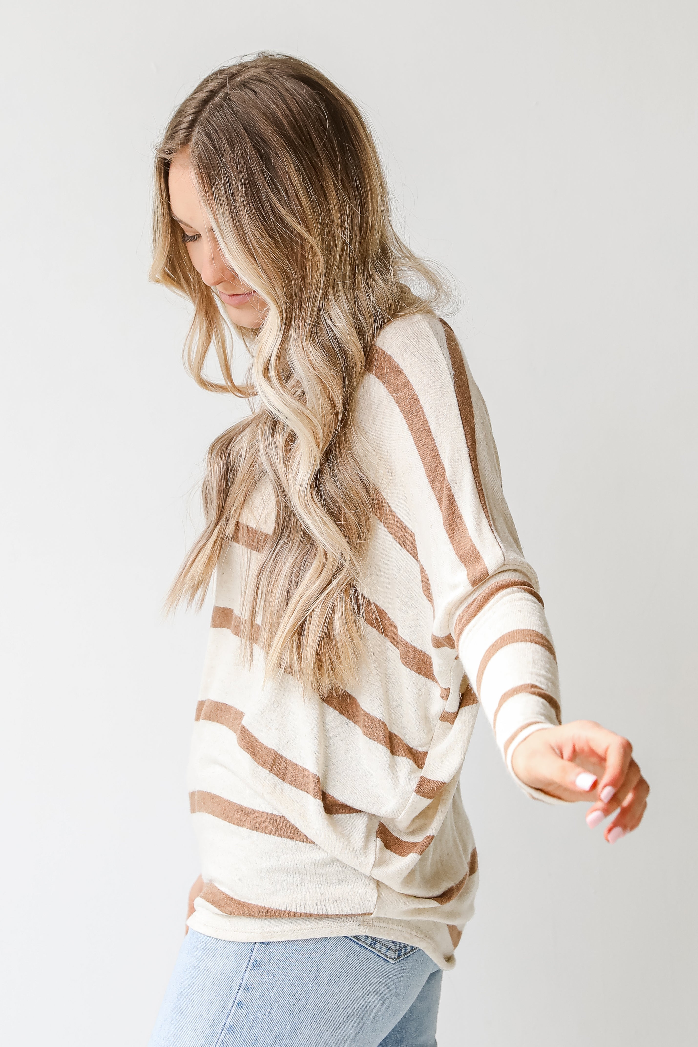 Oversized Striped Top in mocha side view