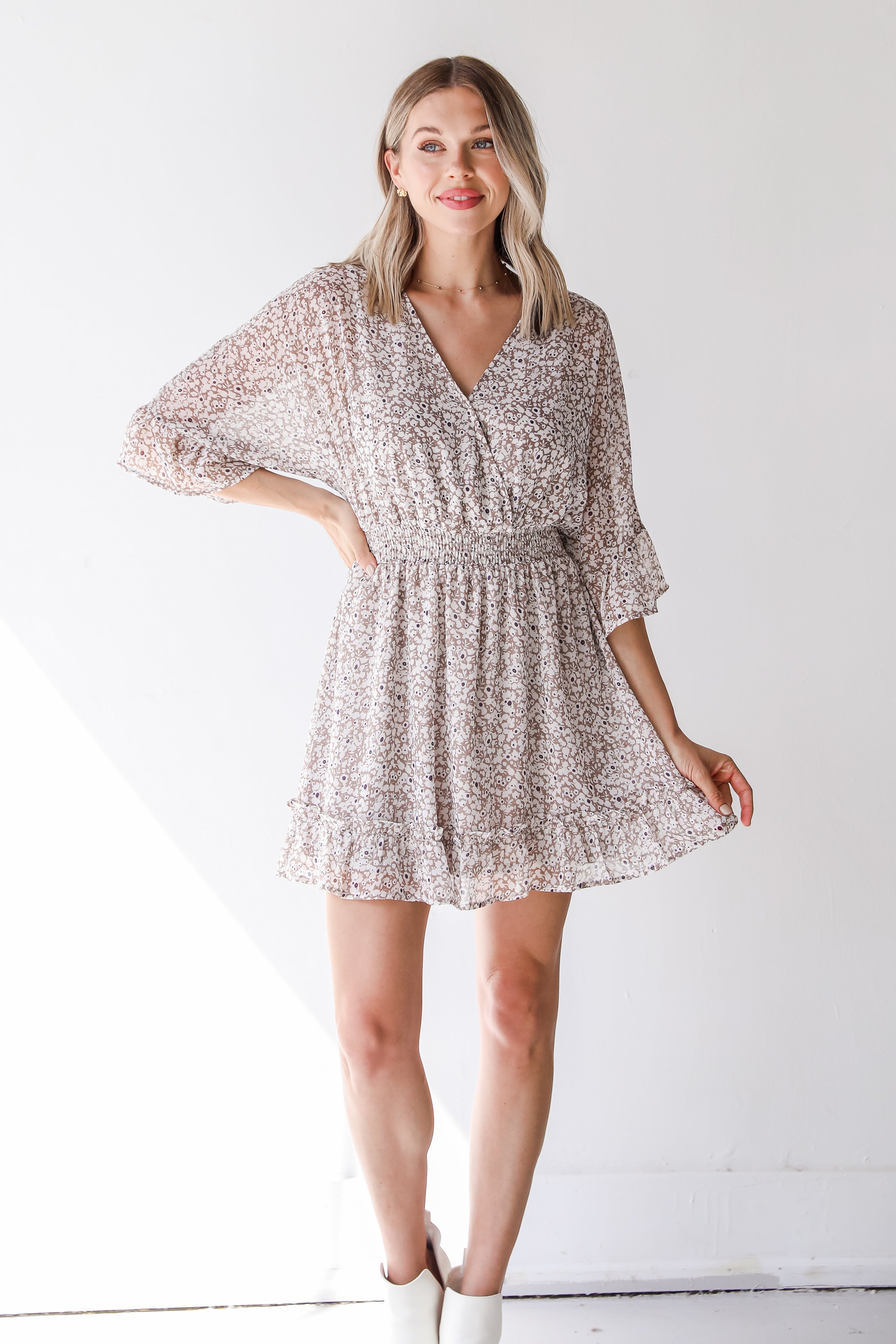 tan floral mini dress front view