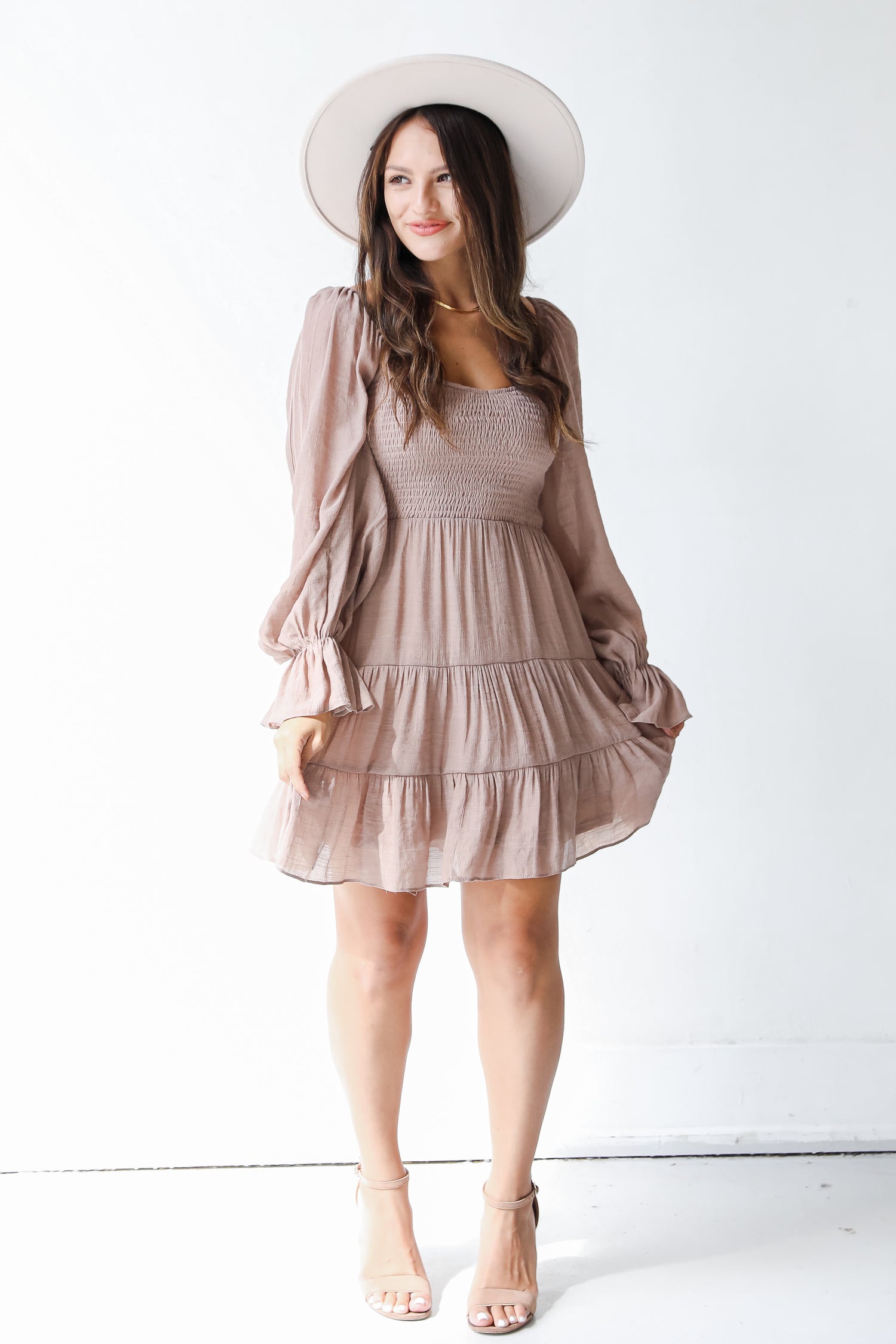 taupe smocked dress front view
