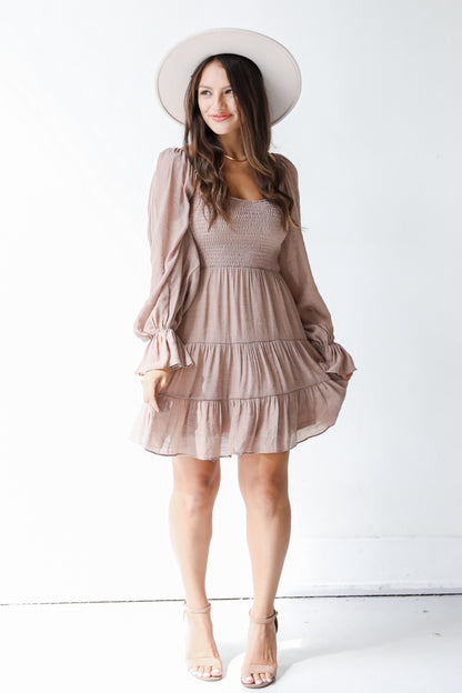 taupe smocked dress front view