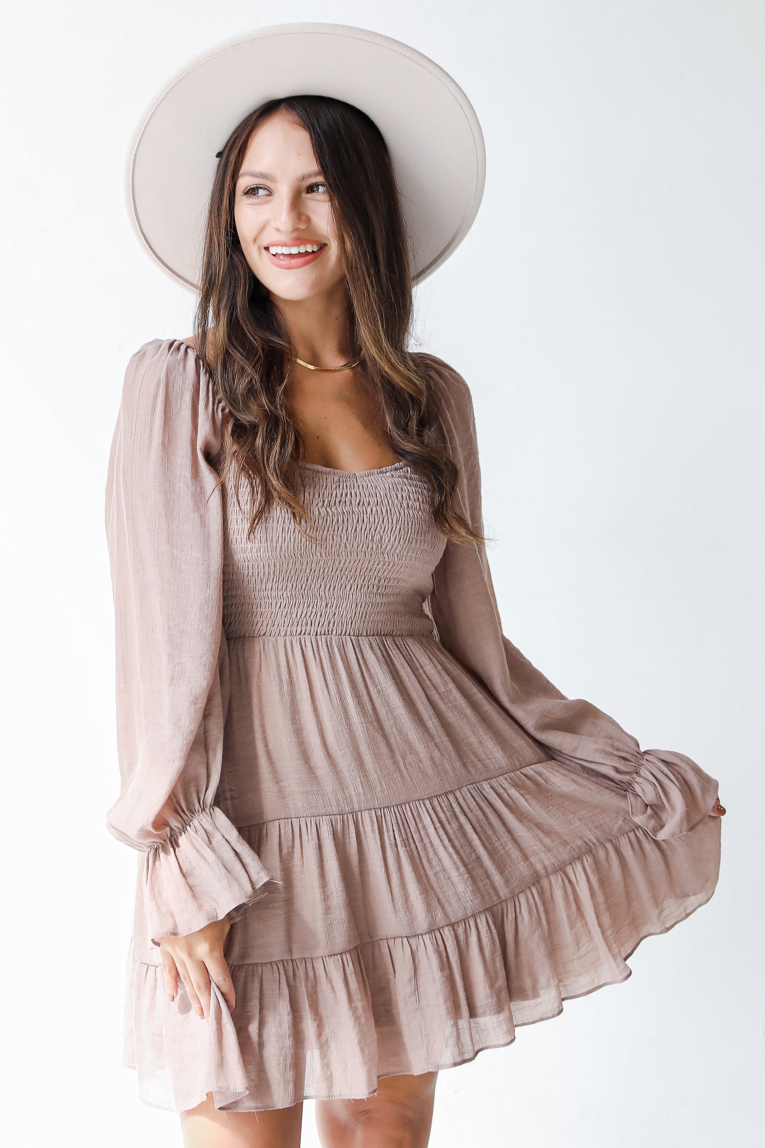 taupe smocked dress