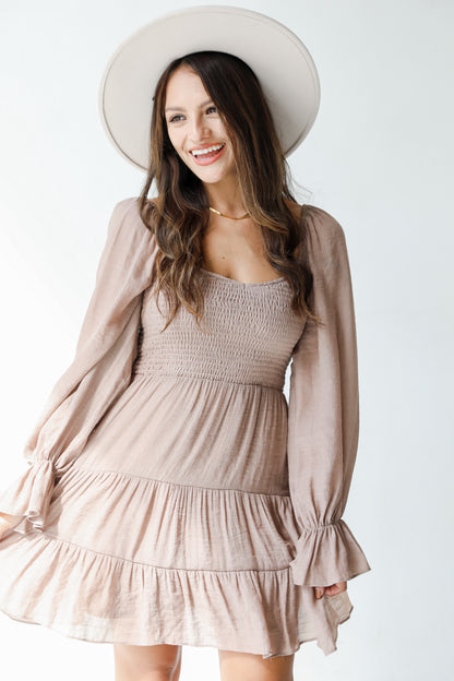 taupe smocked dress on model