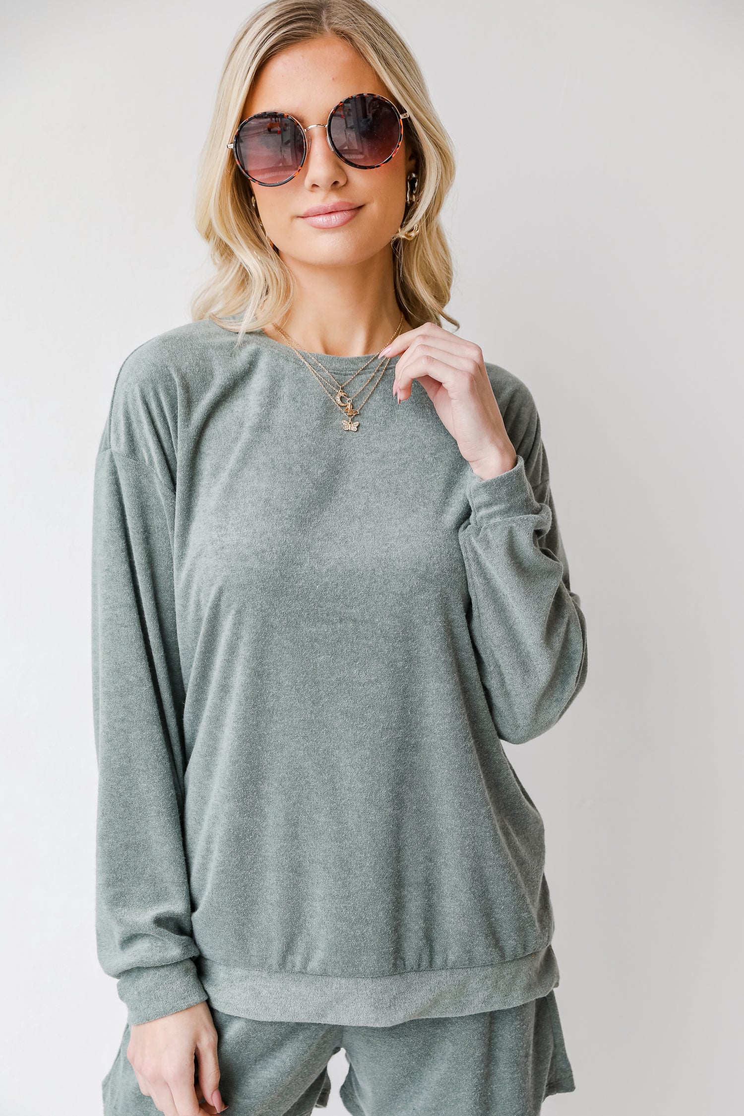 Terry Cloth Pullover in olive front view