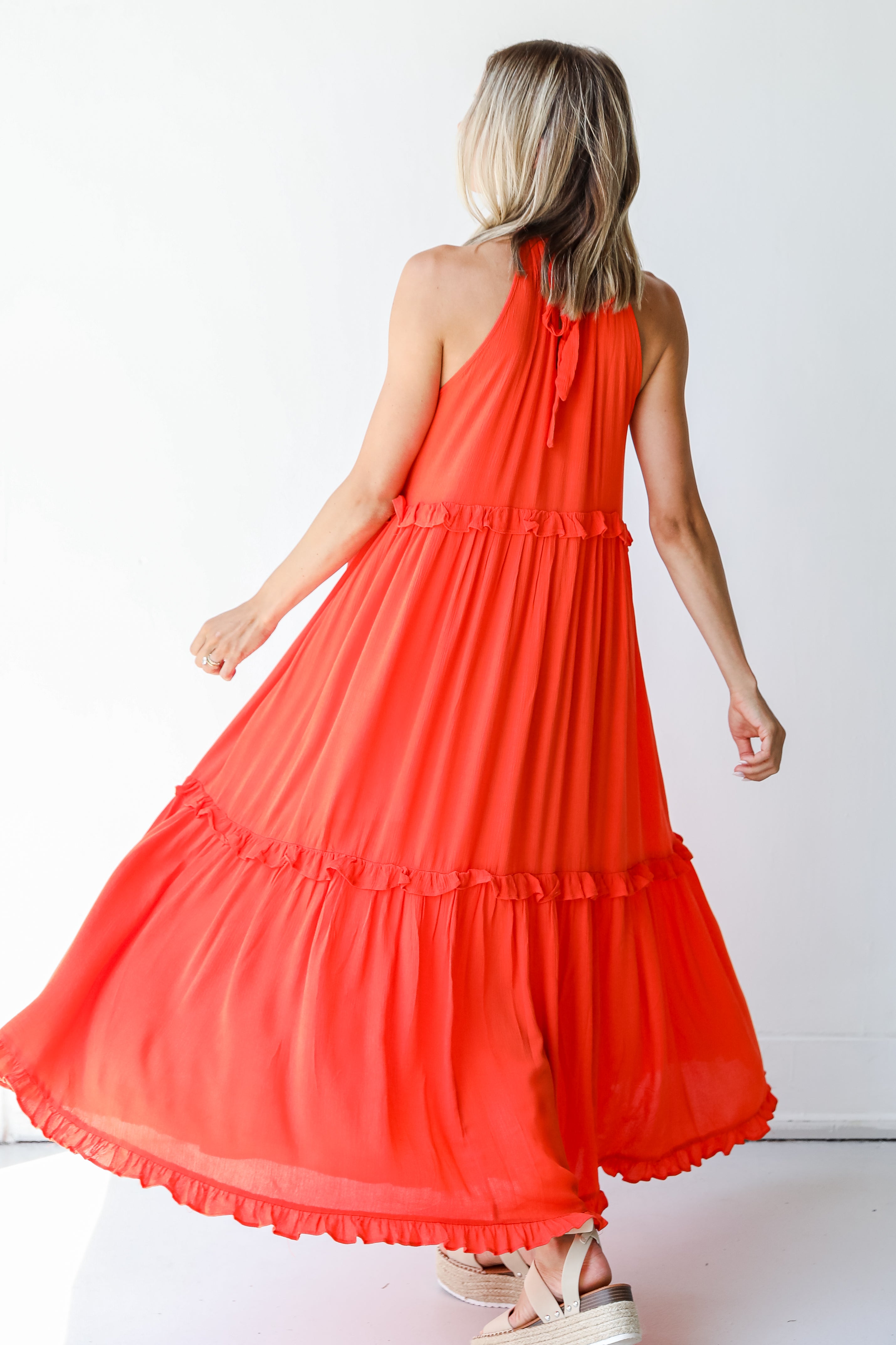 Tiered Maxi Dress in orange back view