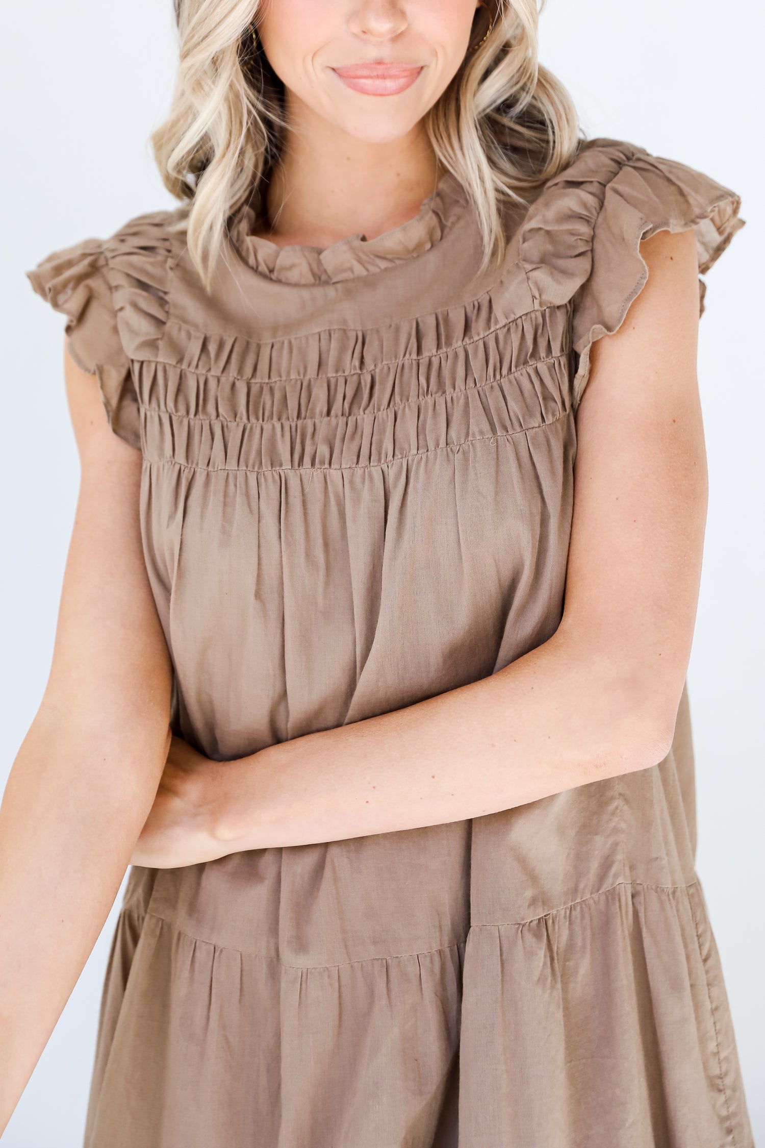 brown ruffle Mini Dress close up