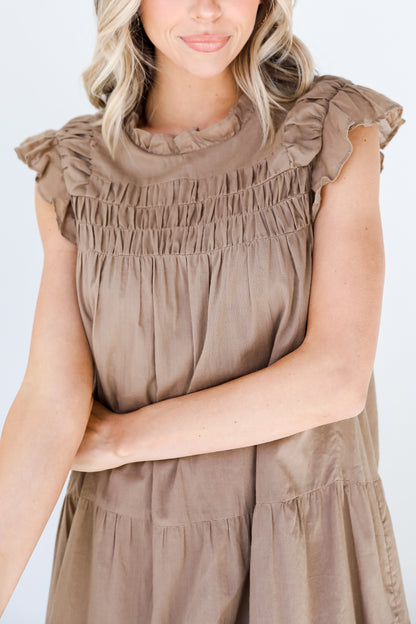 brown ruffle Mini Dress close up